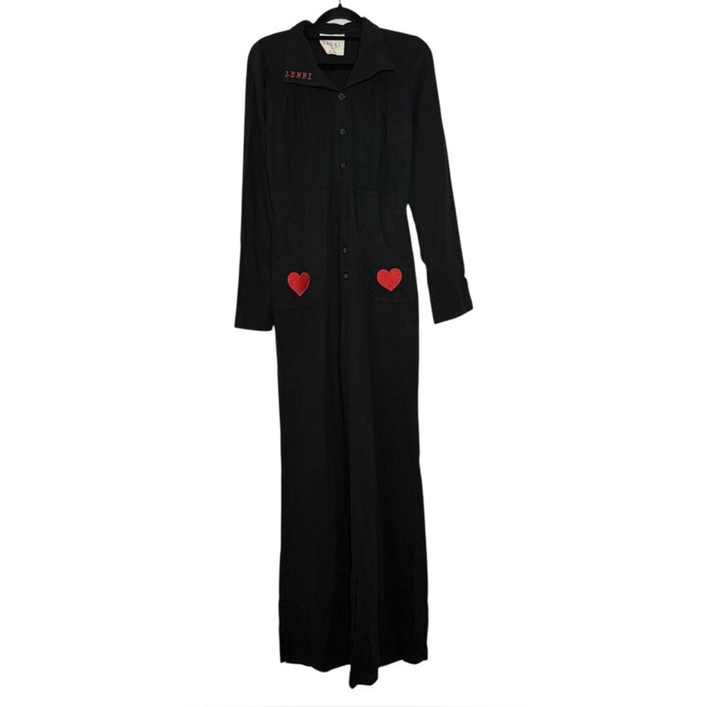 Lenni Black Long Sleeve Button Up Novelty Heart Patch Relaxed Leg Jumpsuit Small